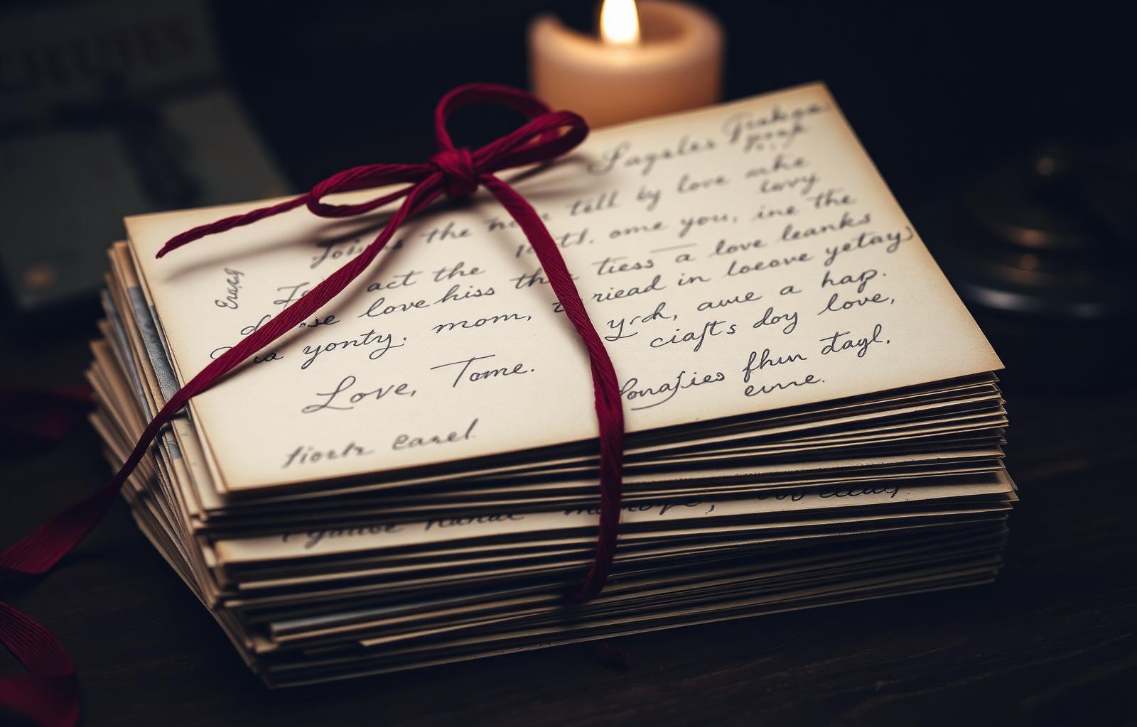 A stack of vintage handwritten love letters tied with red ribbon